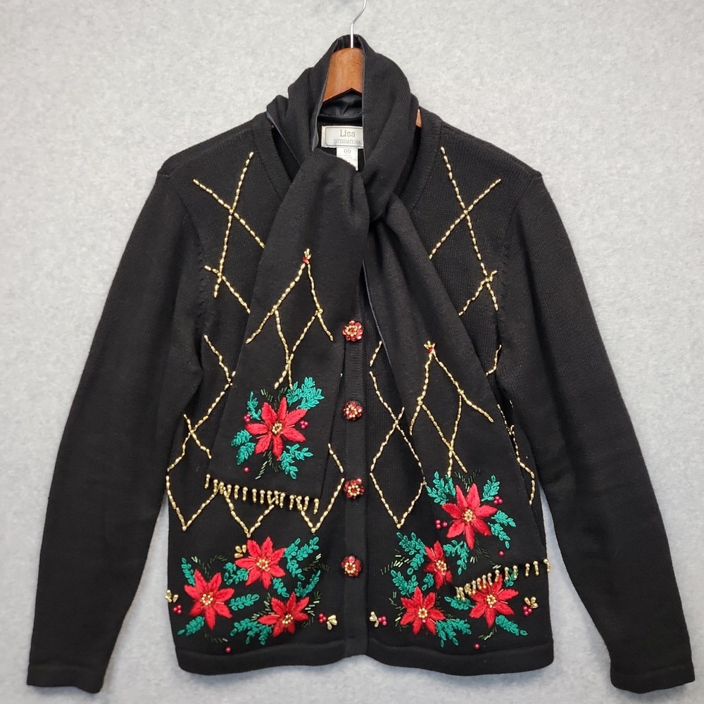 Vtg Lisa Intl Holiday Embroidered Cardigan Poinsettia Matching Scarf Beads Party
